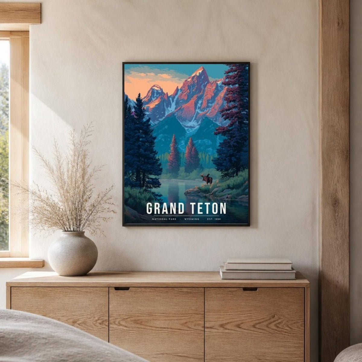 Grand Teton moose poster framed on a sideboard (frame not included)