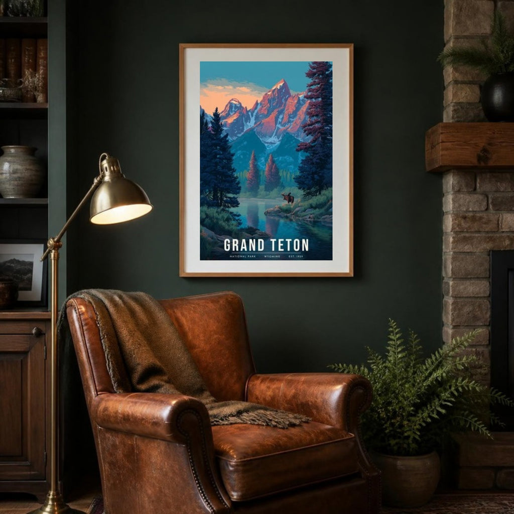 Grand Teton moose poster framed in a lodge room (frame not included)