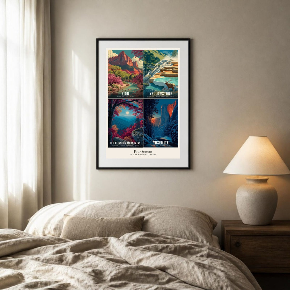 Four Seasons collage poster on the wall above a bed (frame not included)