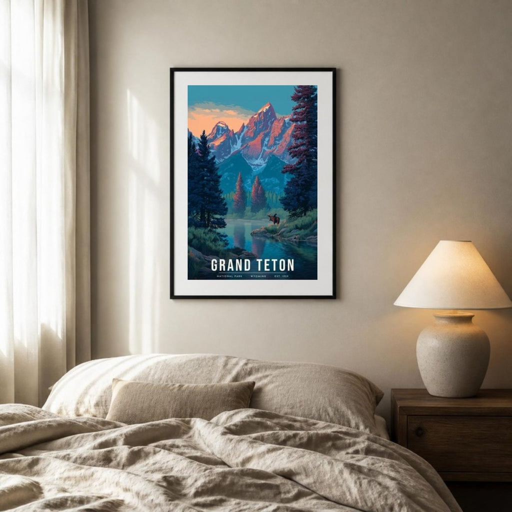 Grand Teton moose poster framed above a bed (frame not included)
