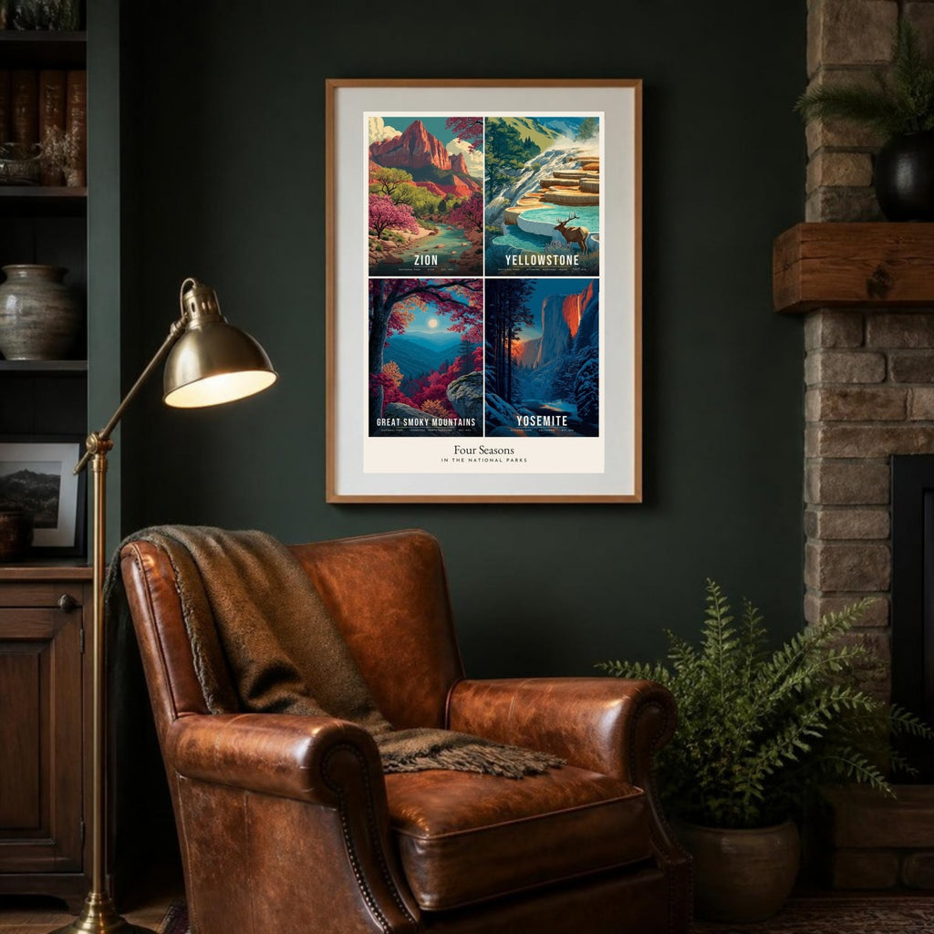 Four Seasons collage poster on the wall above a leather armchair (frame not included)