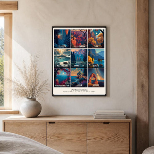 All Nine Parks collage poster on the wall above an oak sideboard (frame not included)