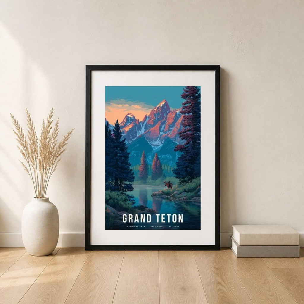 Grand Teton moose poster in a frame leaning on the floor (frame not included)