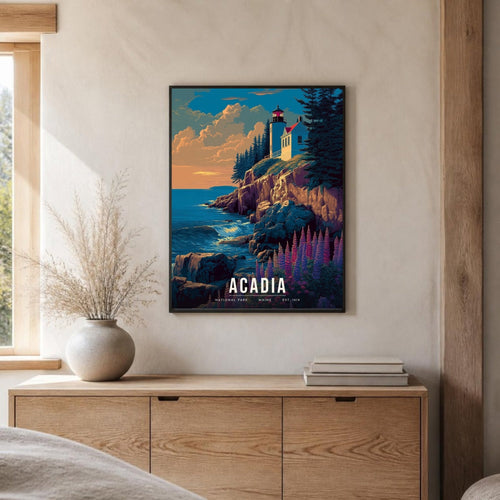 Acadia poster framed on a sideboard (frame not included)