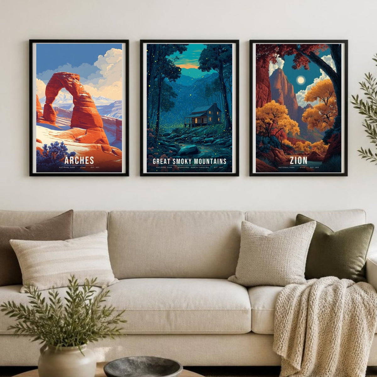 Three park posters framed above a sofa (frames not included)