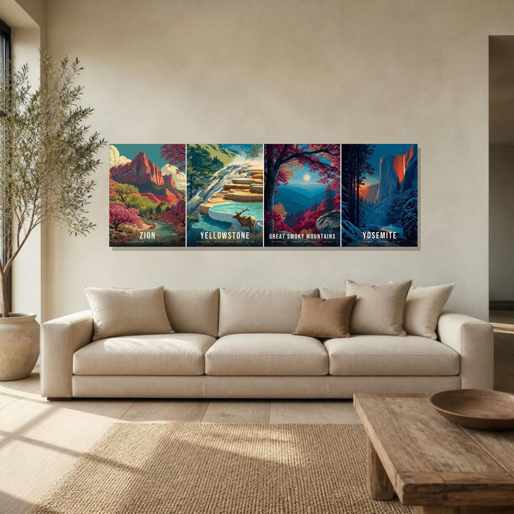 Four Seasons canvas on the wall above a sofa