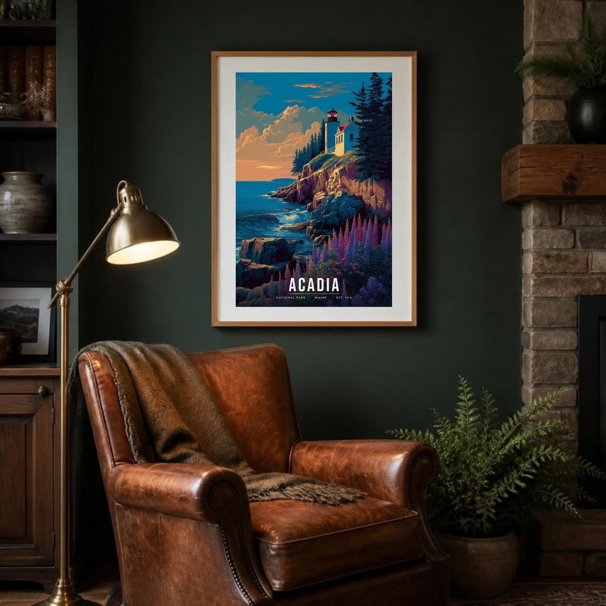 Acadia poster framed in a lodge room (frame not included)