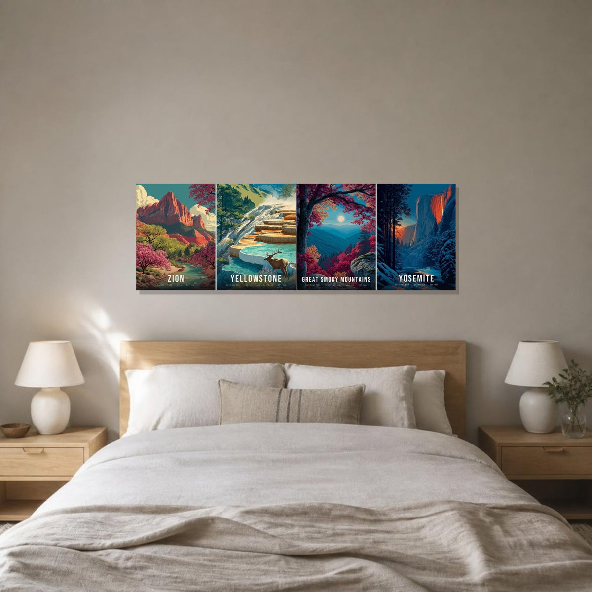 Four Seasons canvas on the wall above a bed