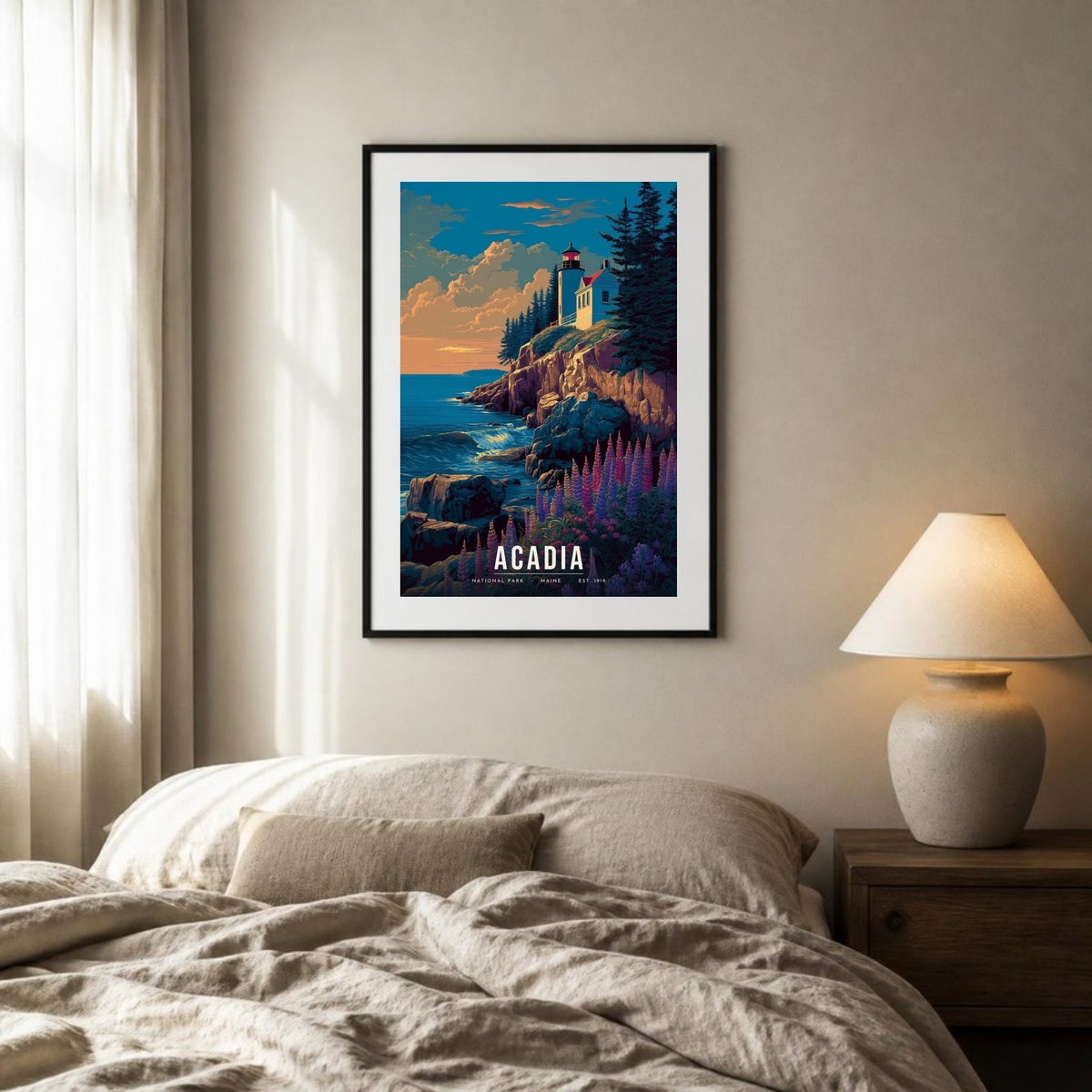Acadia poster framed above a bed (frame not included)