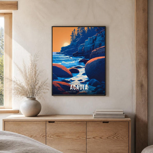 Acadia poster framed on a sideboard (frame not included)