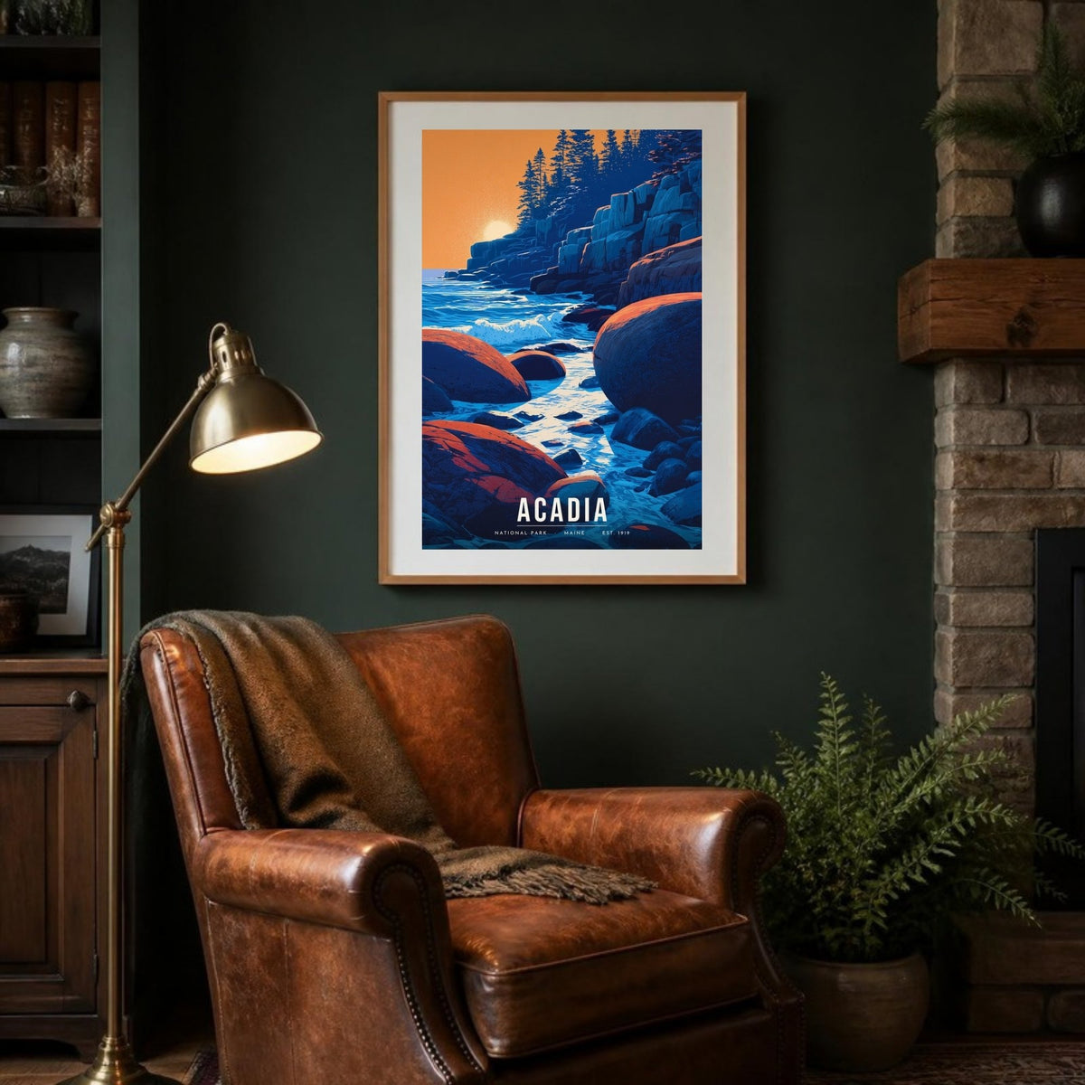 Acadia poster framed in a lodge room (frame not included)
