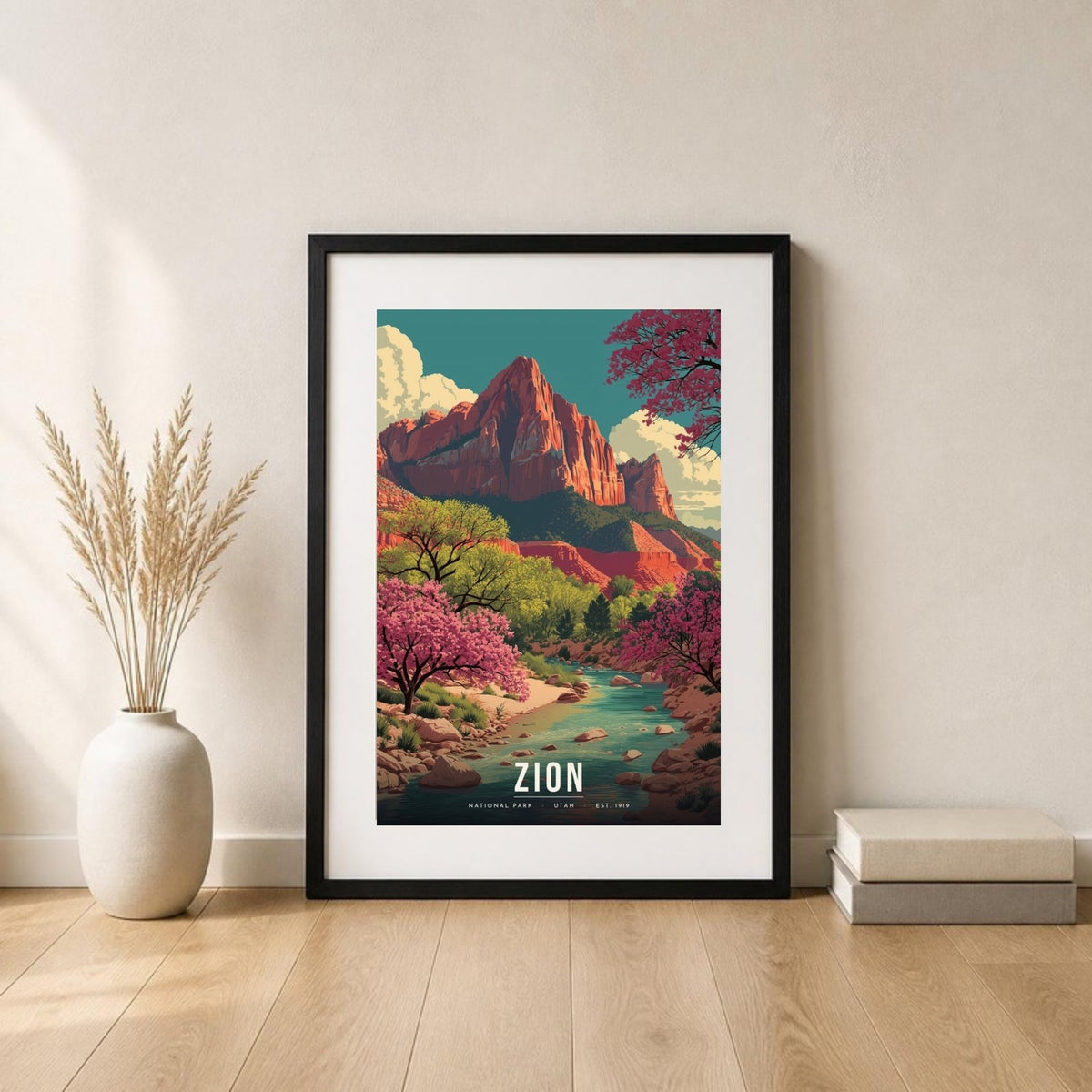 Zion redbud poster in a frame leaning on the floor (frame not included)