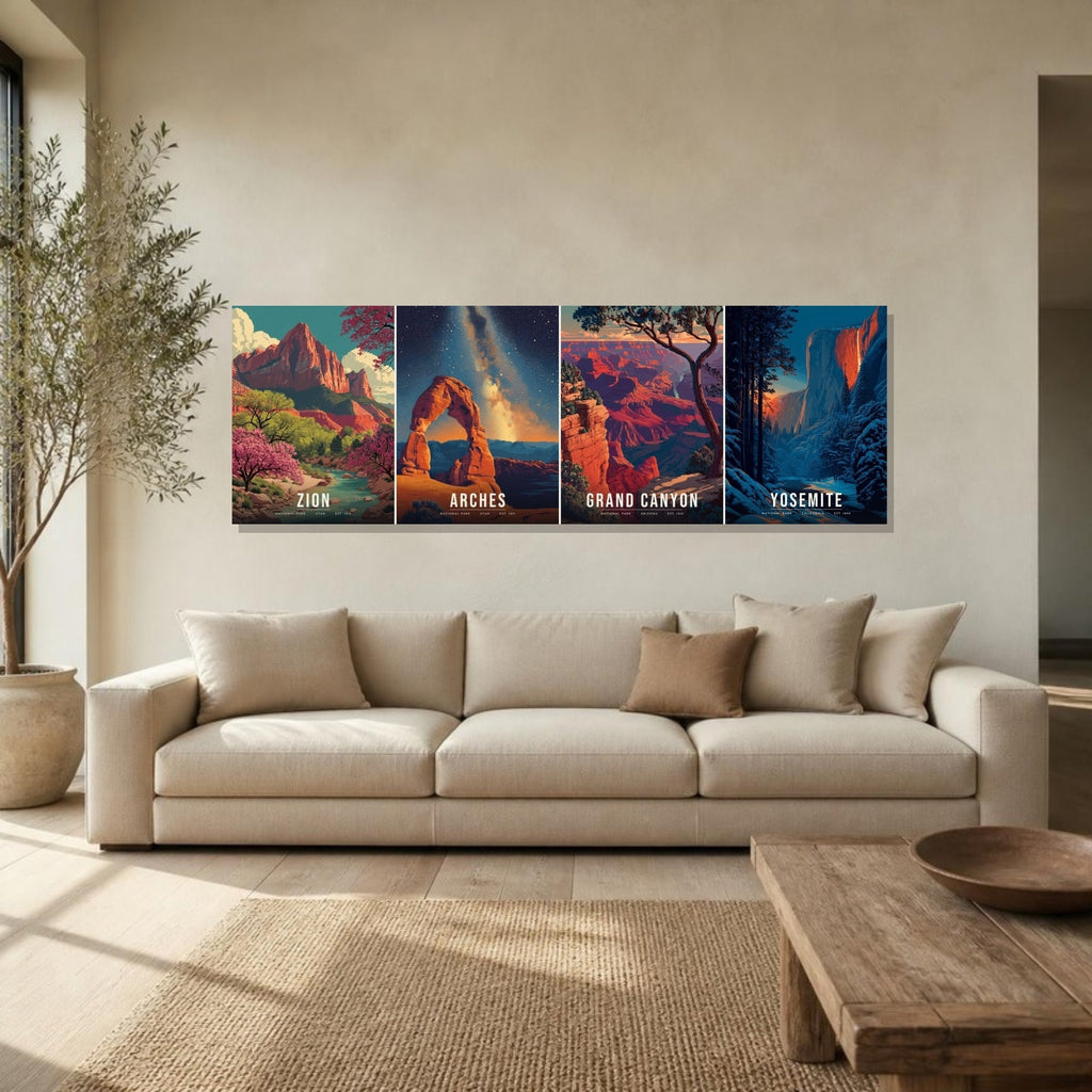 Red Rock and Firefall canvas on the wall above a sofa