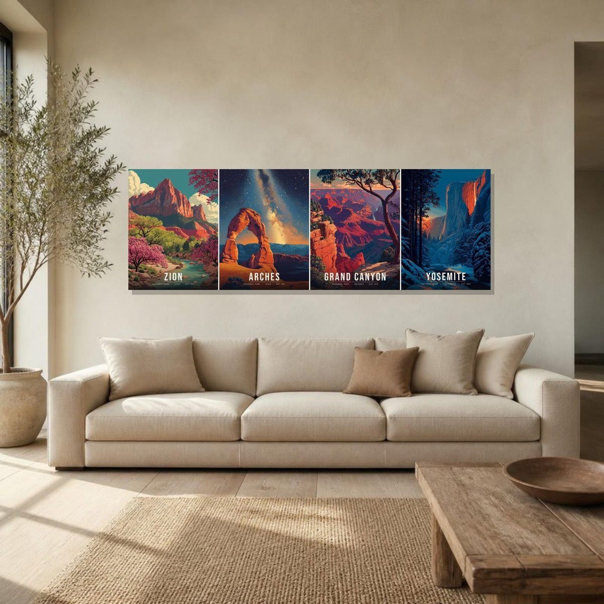 Red Rock and Firefall canvas on the wall above a sofa