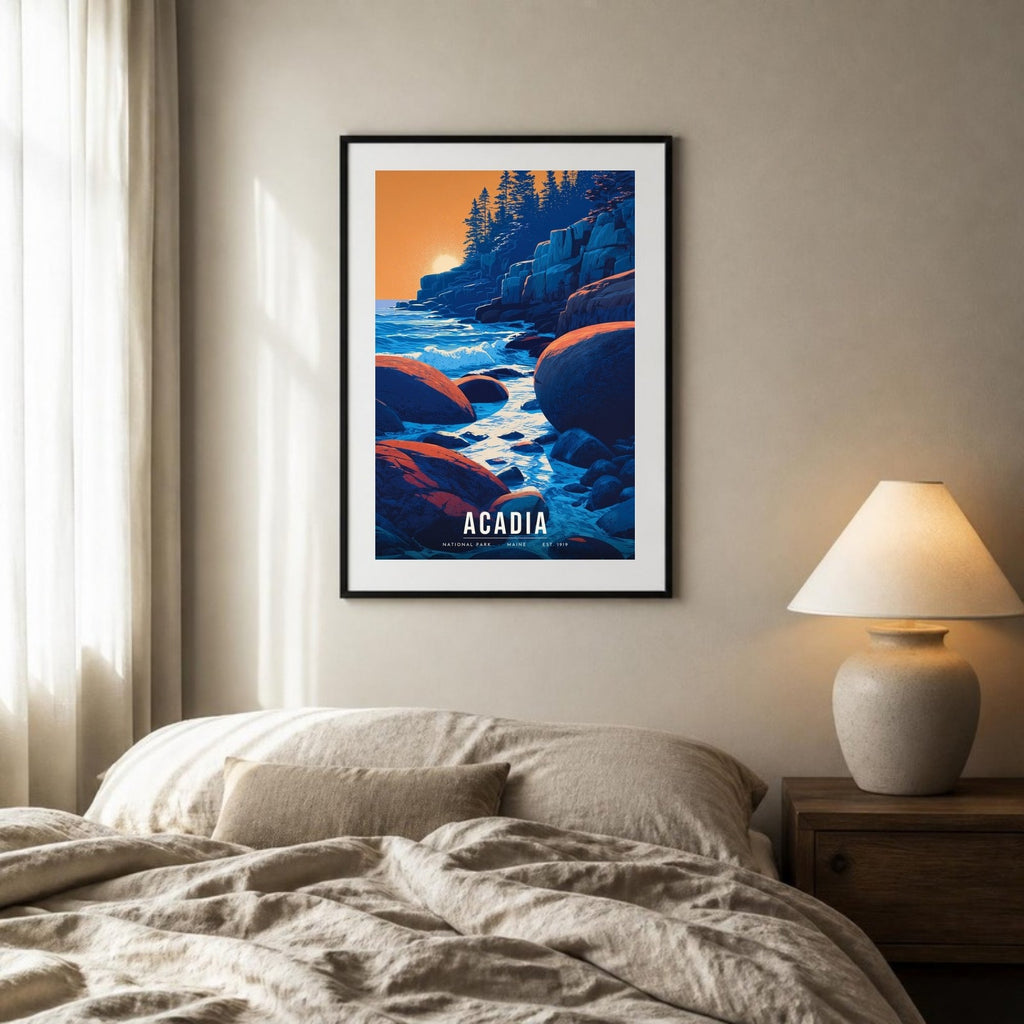 Acadia poster framed above a bed (frame not included)