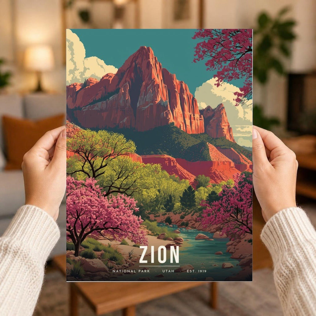 Zion redbud poster print held in two hands