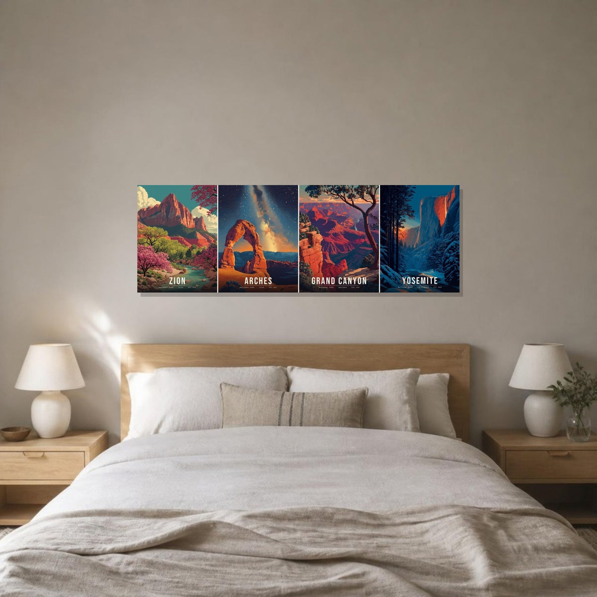 Red Rock and Firefall canvas on the wall above a bed