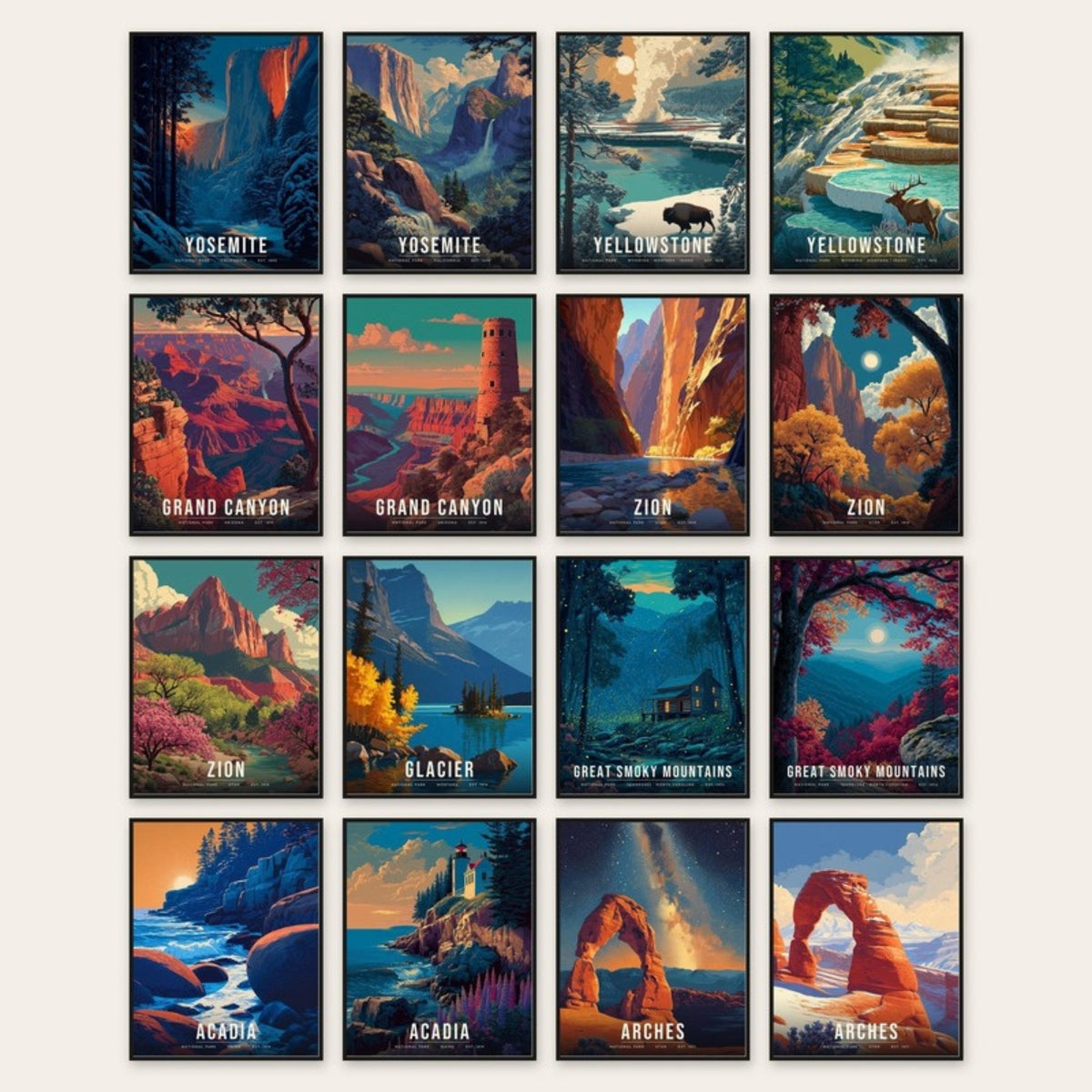 All Still Hour national park posters side by side