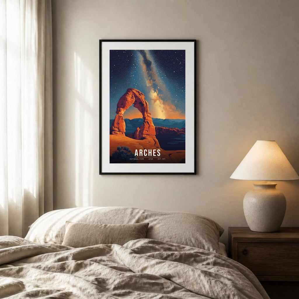 Arches poster framed above a bed (frame not included)