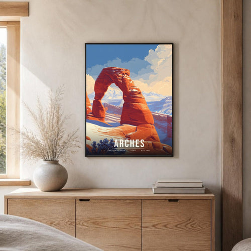 Arches in snow poster framed on a sideboard (frame not included)