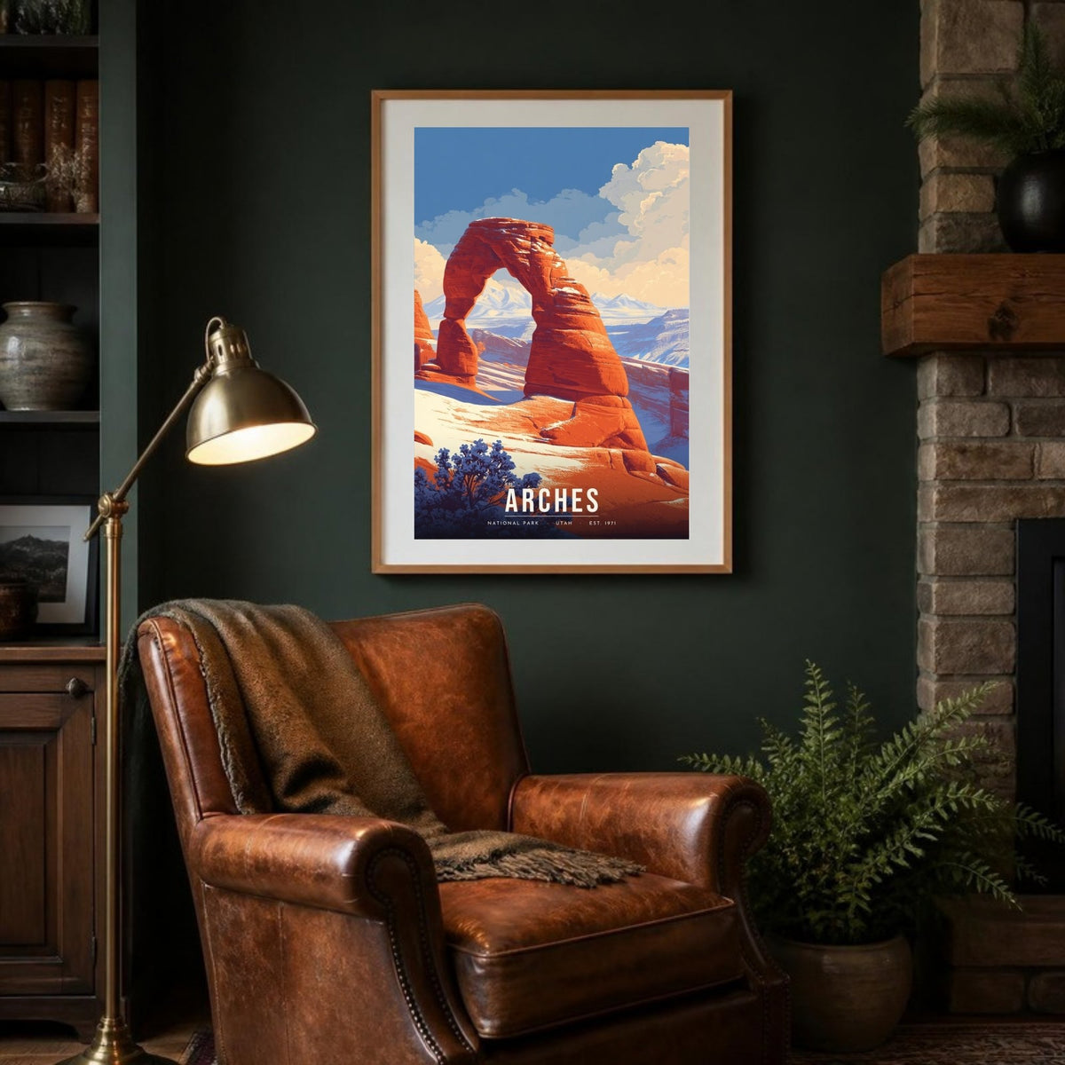 Arches in snow poster framed in a lodge room (frame not included)