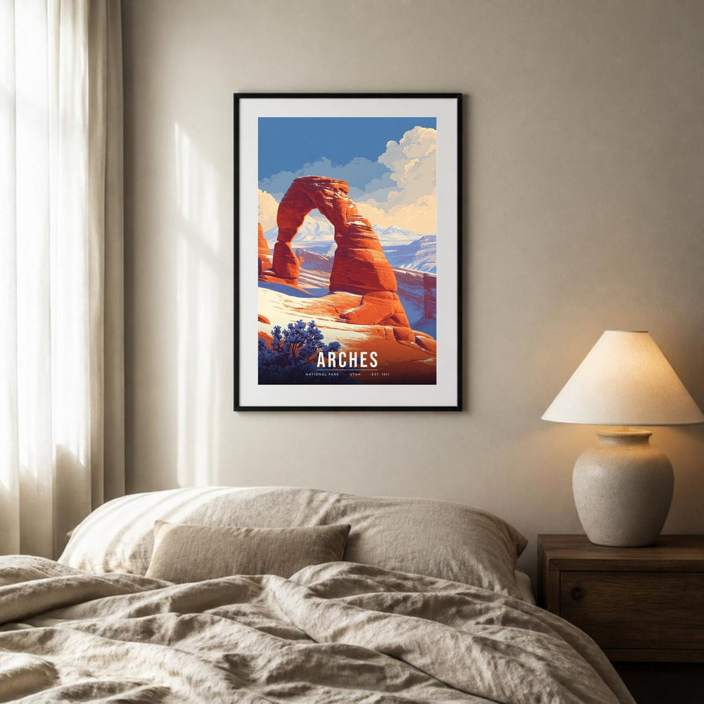 Arches in snow poster framed above a bed (frame not included)