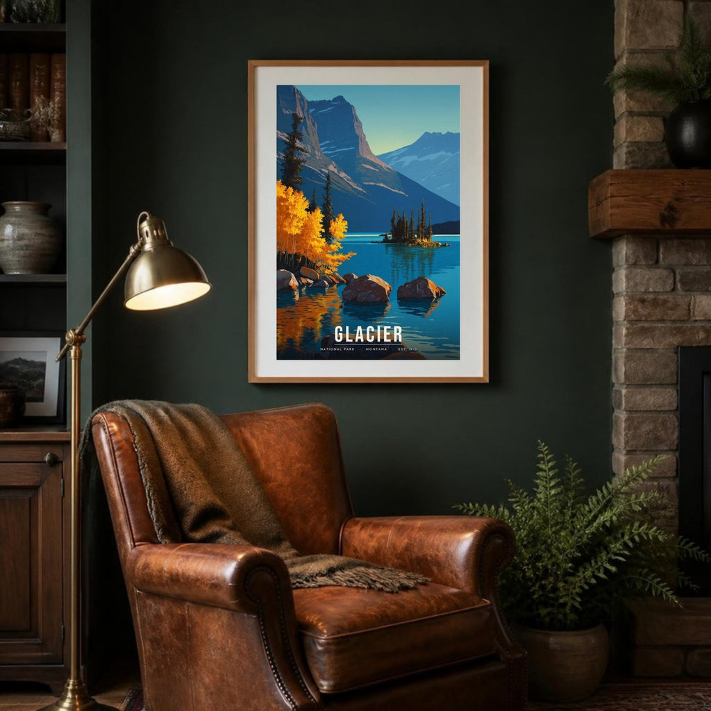 Glacier poster framed in a lodge room (frame not included)