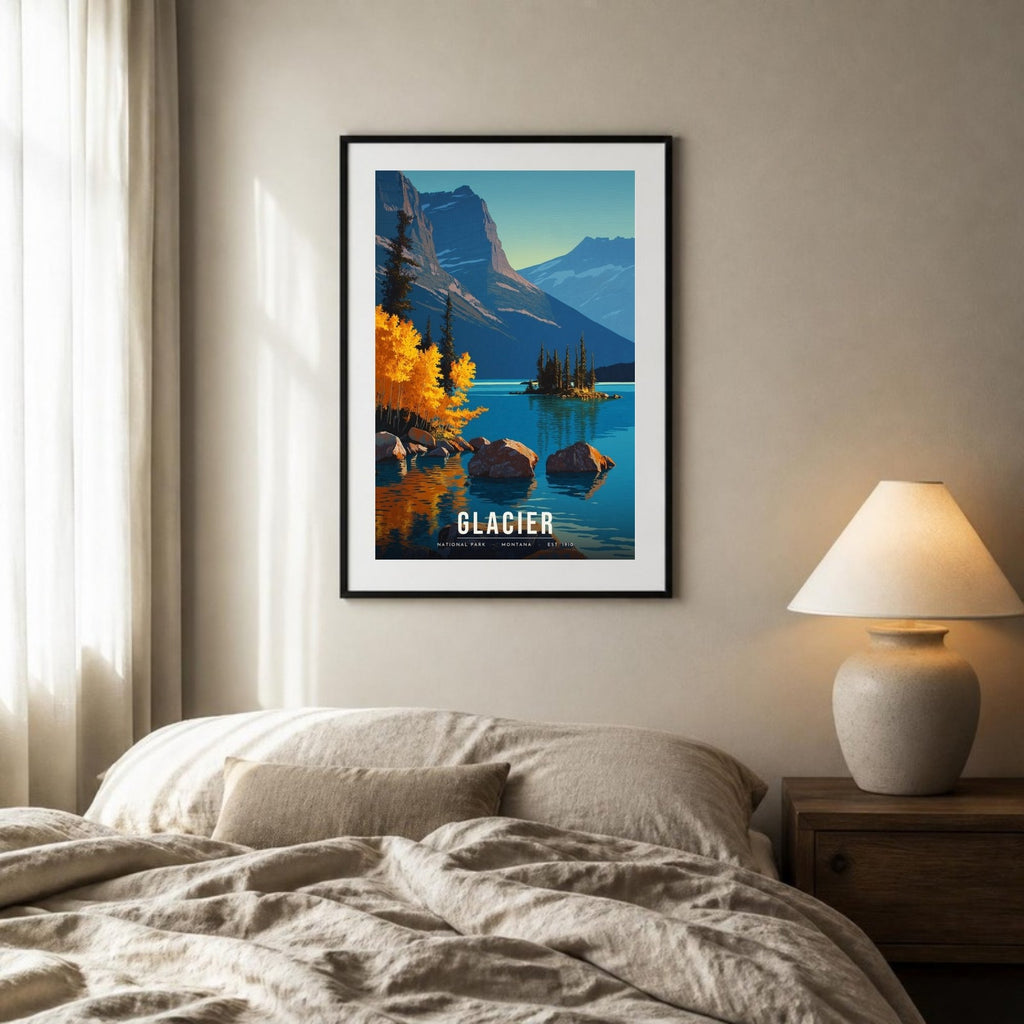 Glacier poster framed above a bed (frame not included)