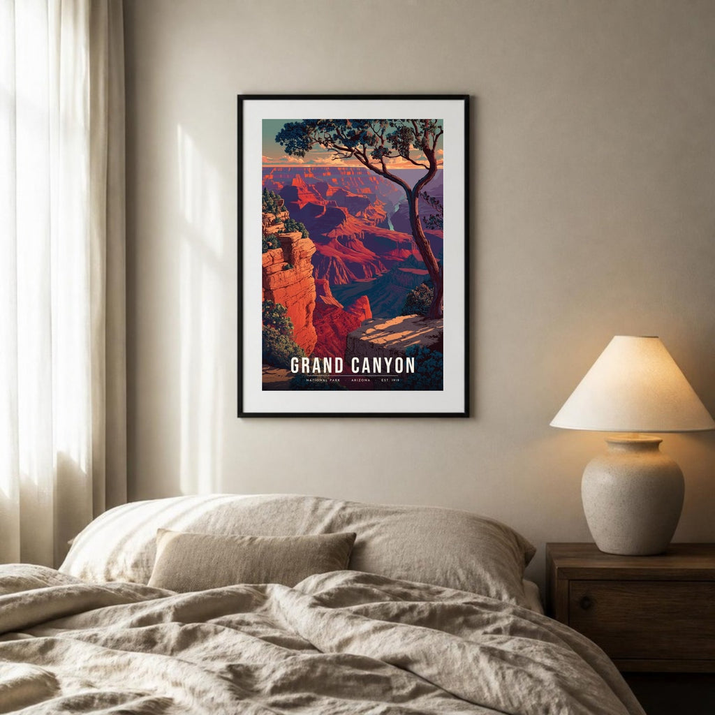 Grand Canyon poster framed above a bed (frame not included)