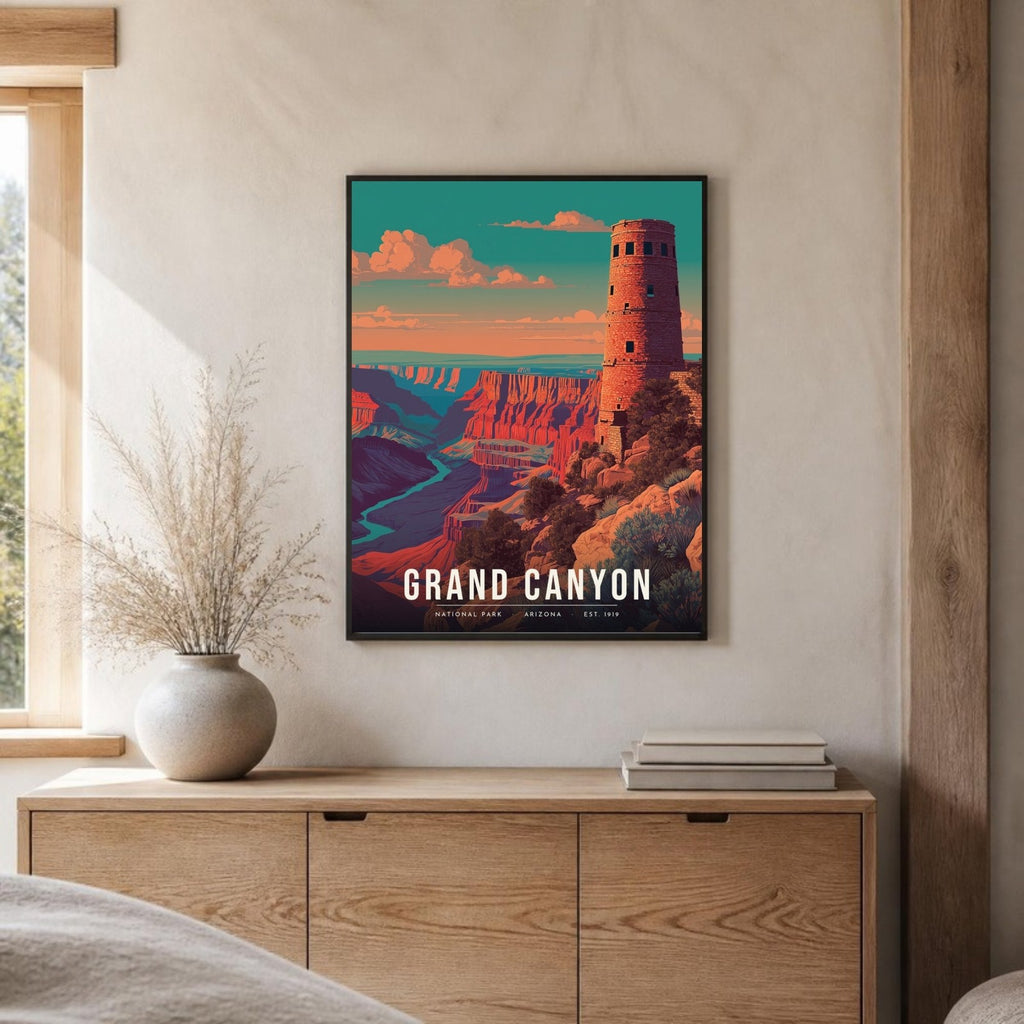 Desert View Watchtower poster framed on a sideboard (frame not included)