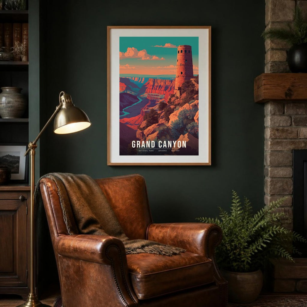 Desert View Watchtower poster framed in a lodge room (frame not included)