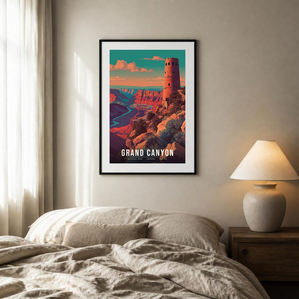 Desert View Watchtower poster framed above a bed (frame not included)