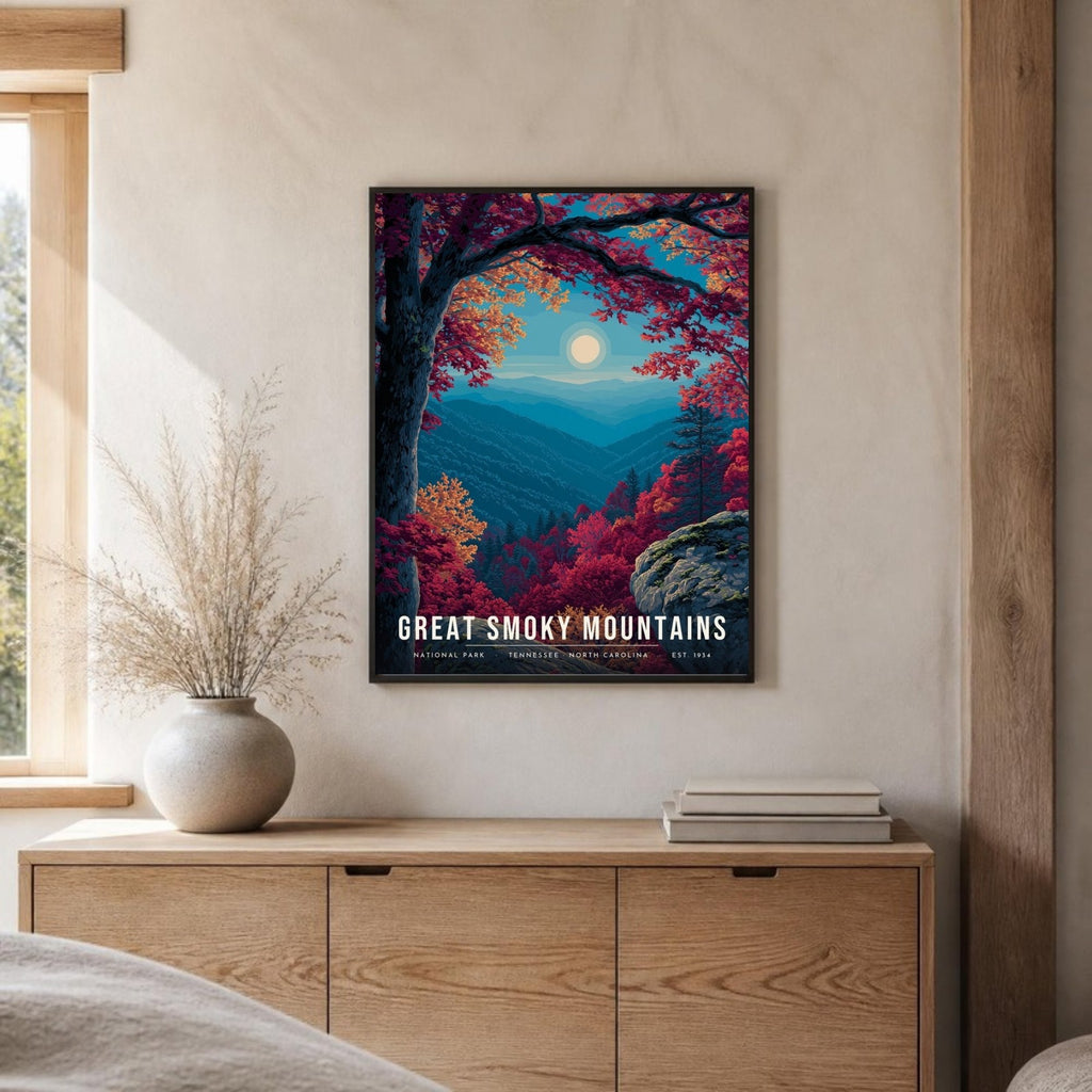 Smokies autumn poster framed on a sideboard (frame not included)