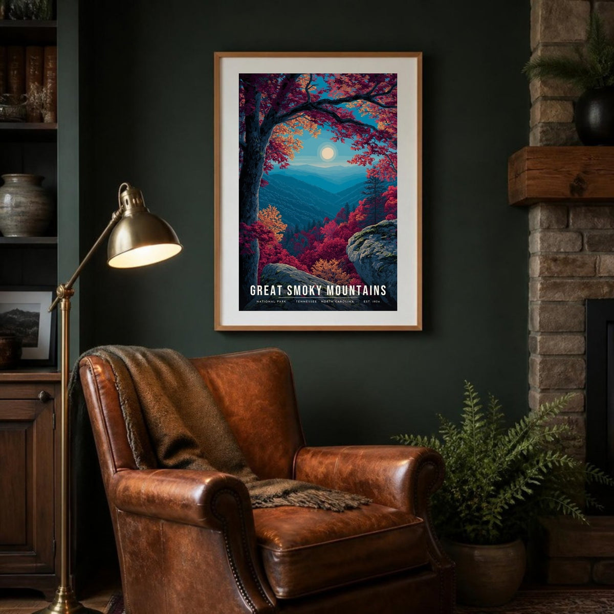 Smokies autumn poster framed in a lodge room (frame not included)