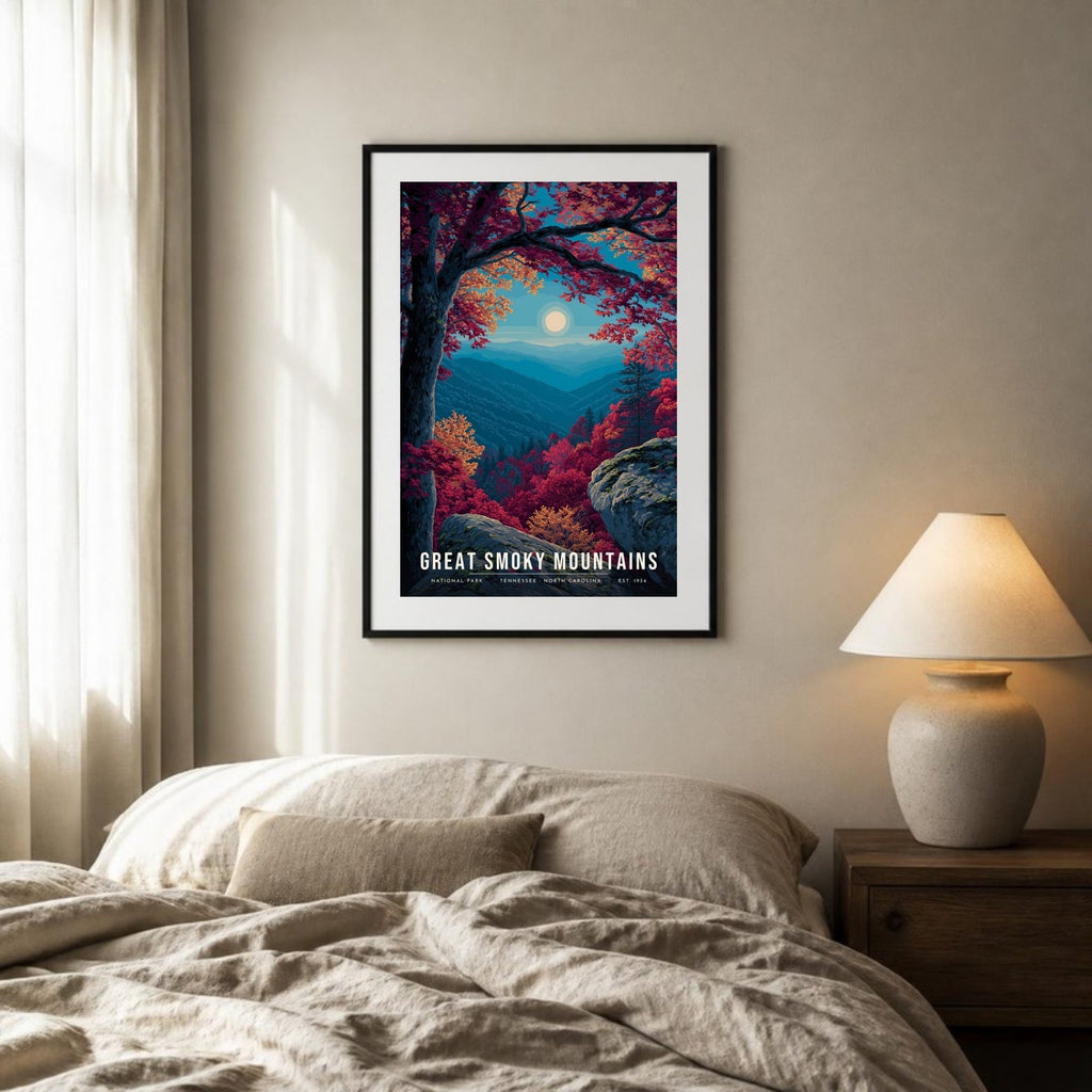 Smokies autumn poster framed above a bed (frame not included)