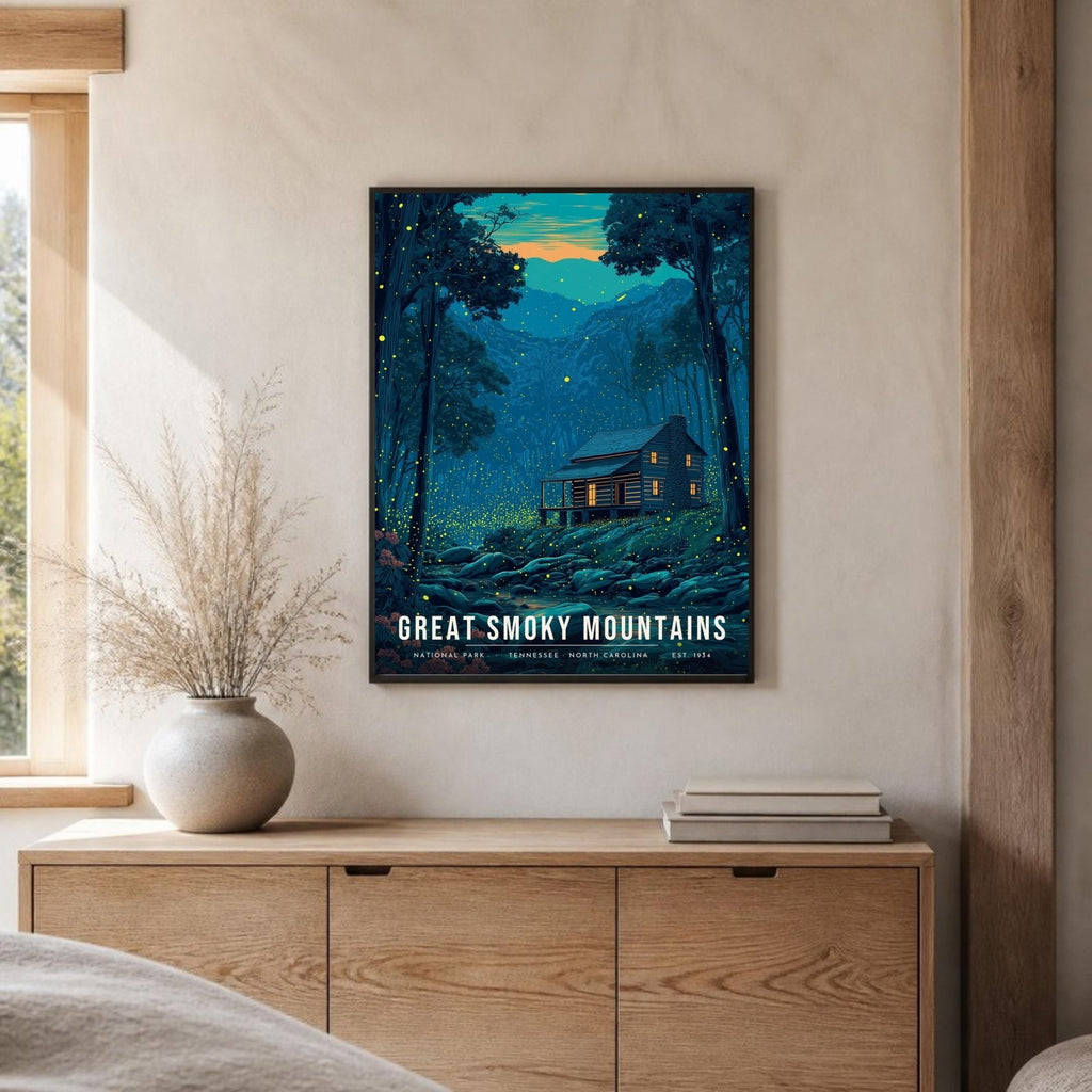 Smokies fireflies poster framed on a sideboard (frame not included)