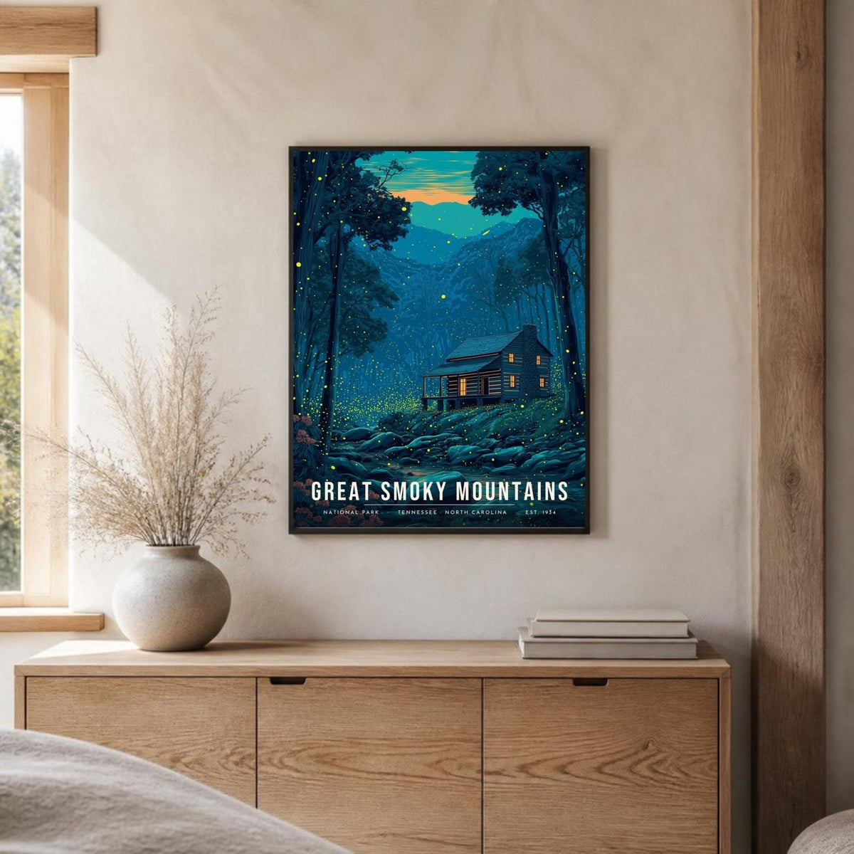 Smokies fireflies poster framed on a sideboard (frame not included)