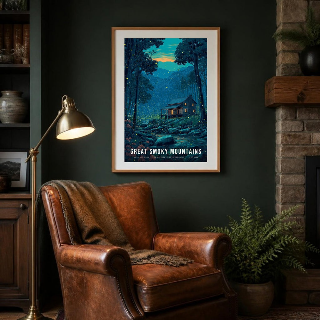 Smokies fireflies poster framed in a lodge room (frame not included)