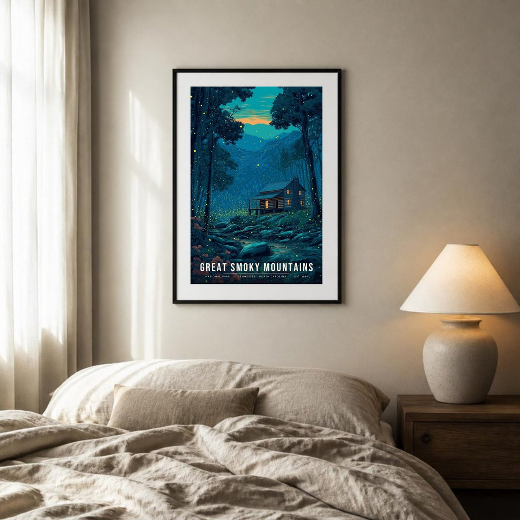 Smokies fireflies poster framed above a bed (frame not included)