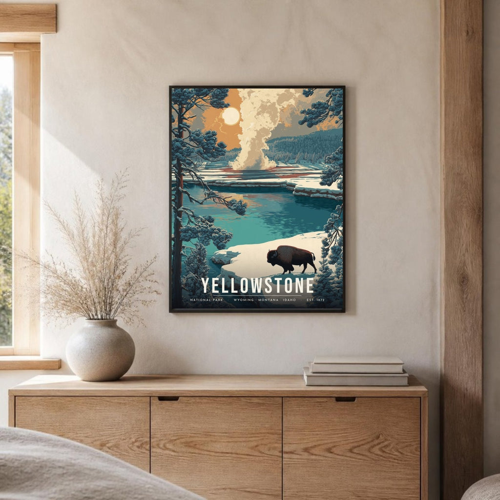 Yellowstone bison poster framed on a sideboard (frame not included)