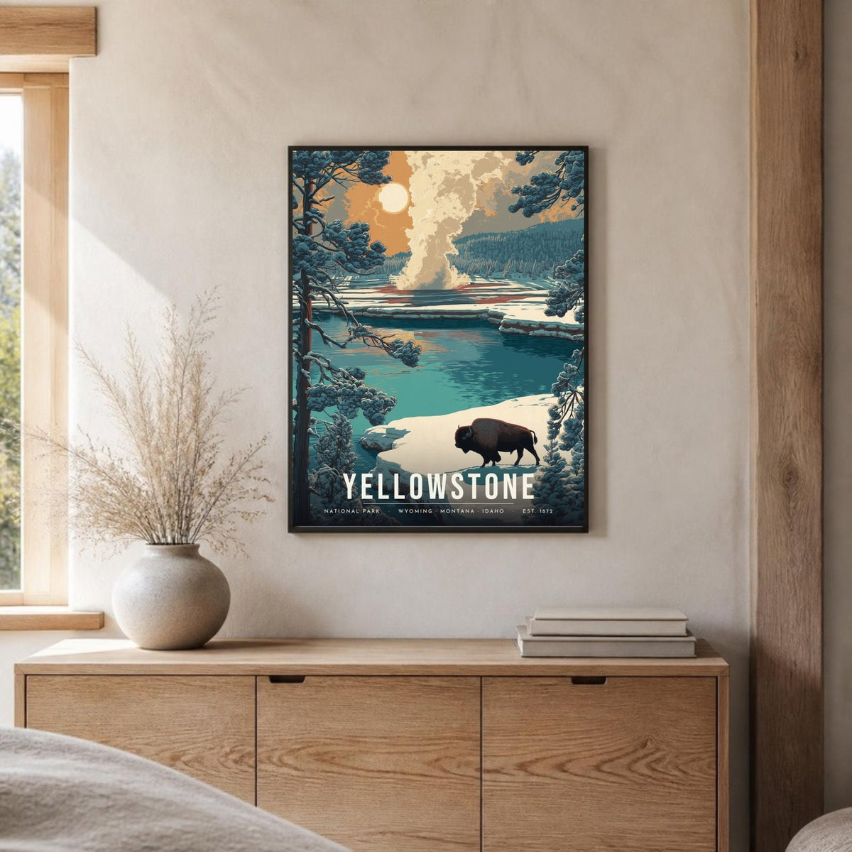 Yellowstone bison poster framed on a sideboard (frame not included)
