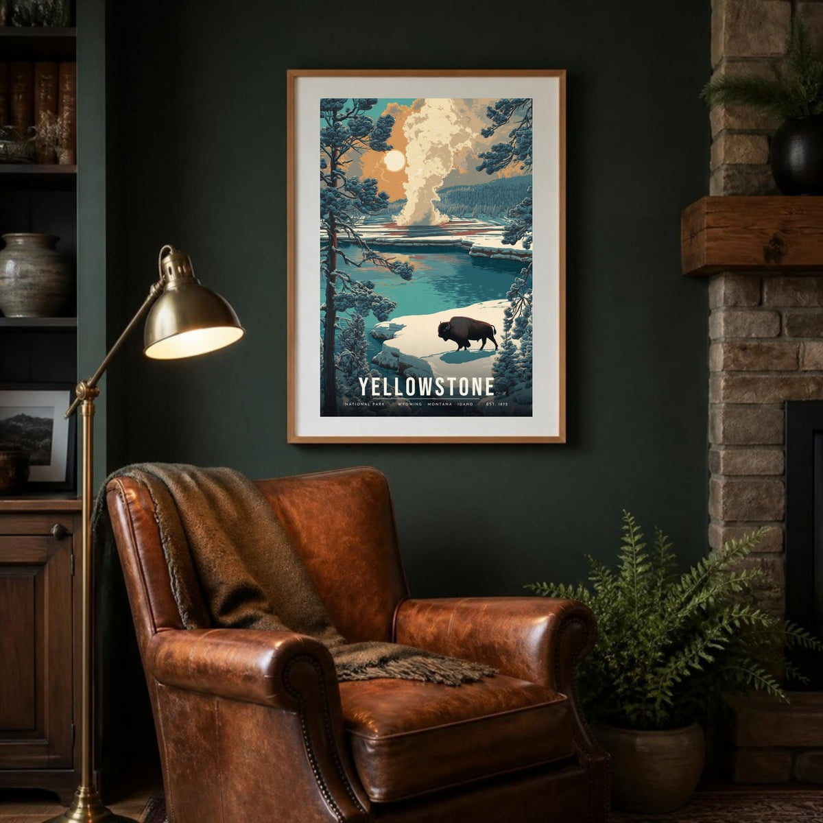 Yellowstone bison poster framed in a lodge room (frame not included)