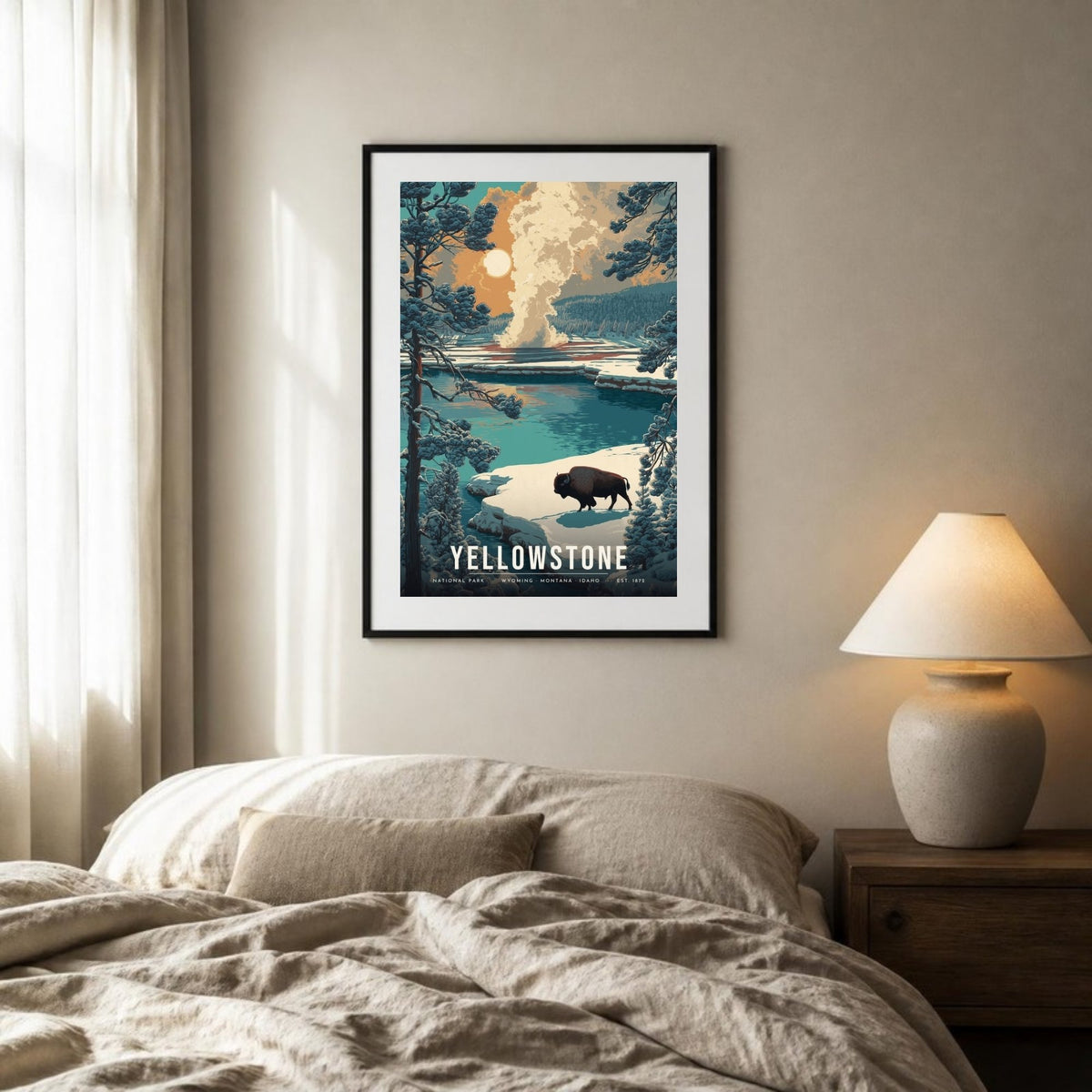 Yellowstone bison poster framed above a bed (frame not included)