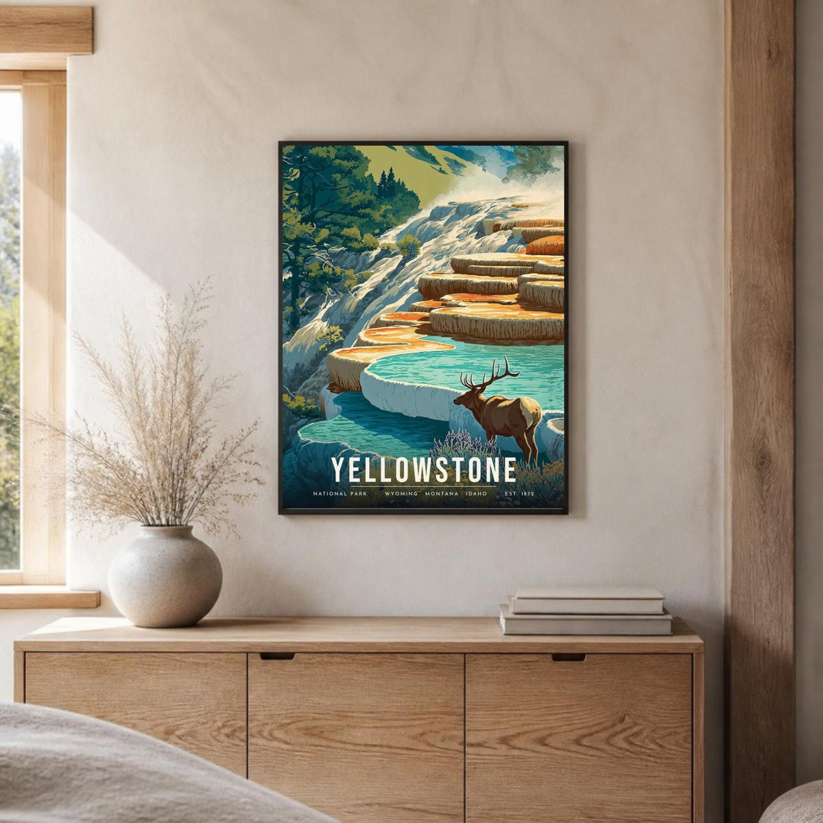 Mammoth Hot Springs elk poster framed on a sideboard (frame not included)