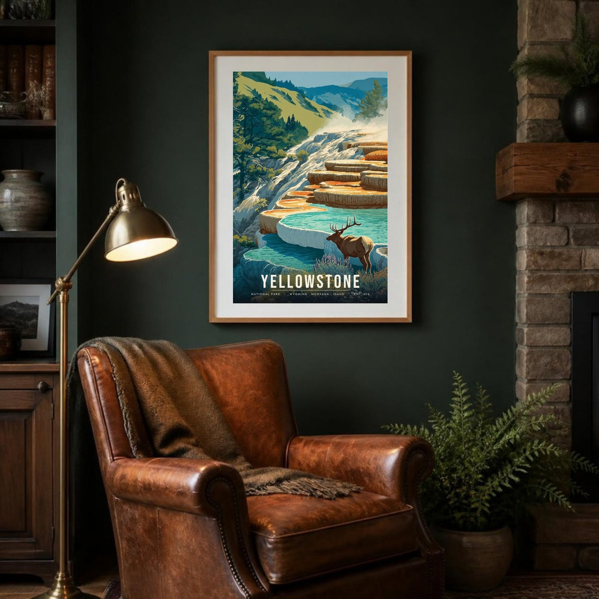 Mammoth Hot Springs elk poster framed in a lodge room (frame not included)
