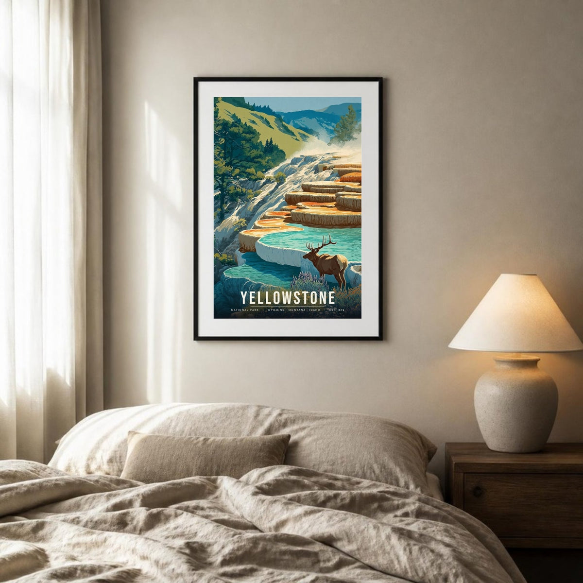 Mammoth Hot Springs elk poster framed above a bed (frame not included)