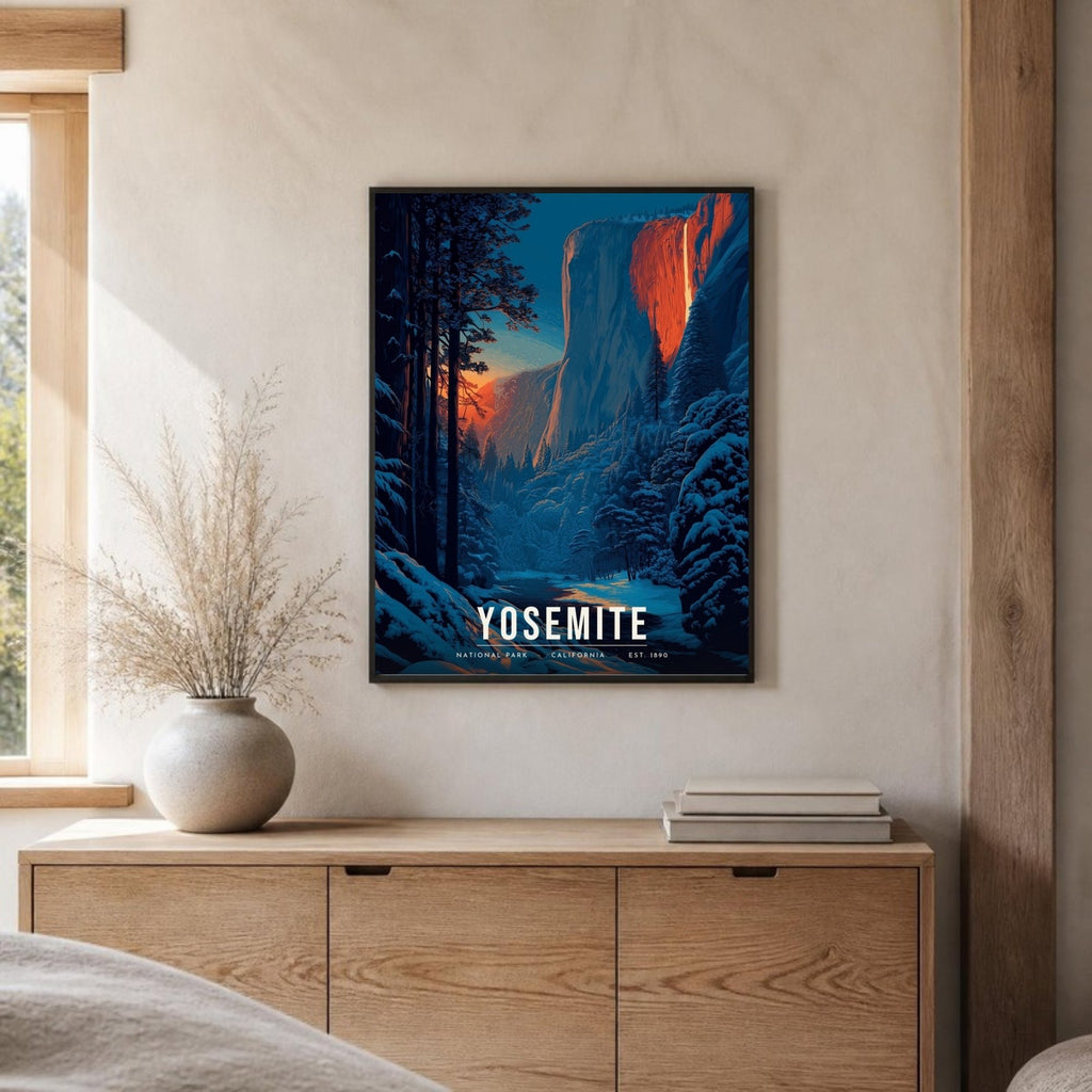 Yosemite firefall poster framed on a sideboard (frame not included)