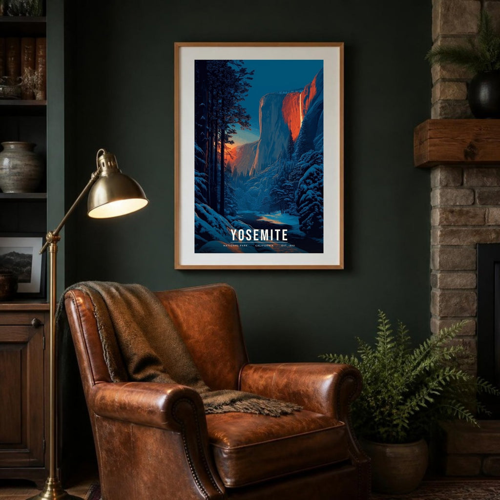 Yosemite firefall poster framed in a lodge room (frame not included)