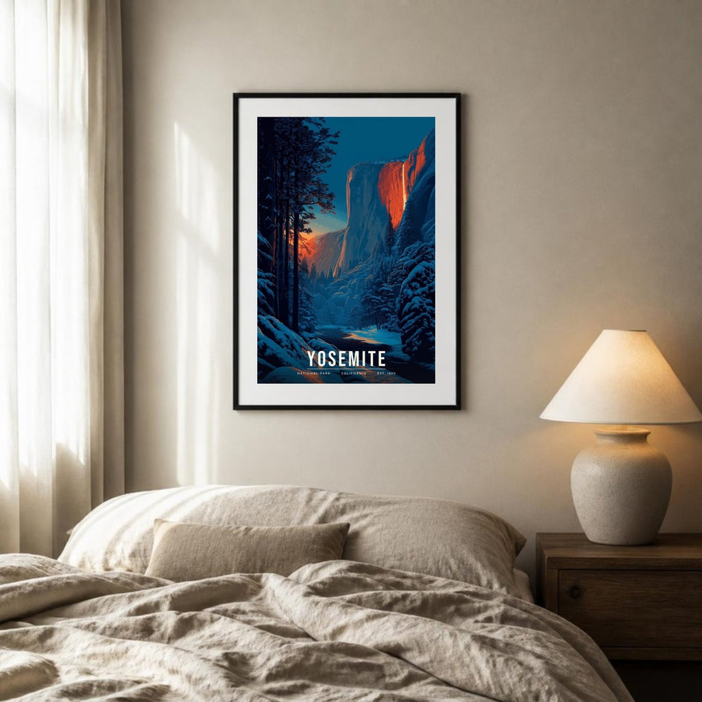 Yosemite firefall poster framed above a bed (frame not included)