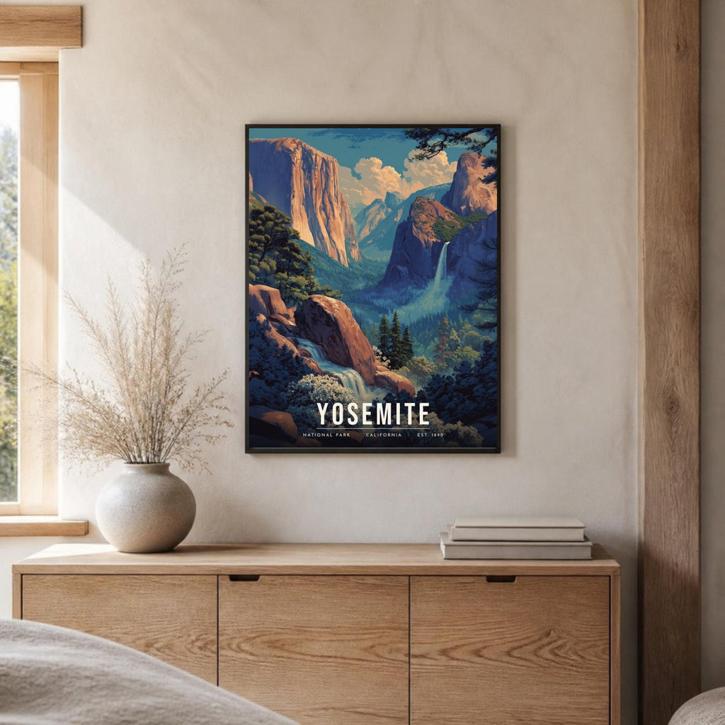Yosemite spring poster framed on a sideboard (frame not included)